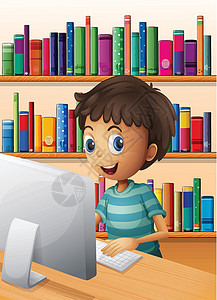 跪键盘的男孩一名男孩在图书馆内使用电脑设计图片