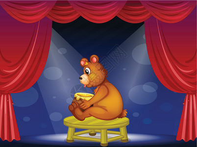 棕色窗帘一只熊 在舞台上坐着一锅蜂蜜插画