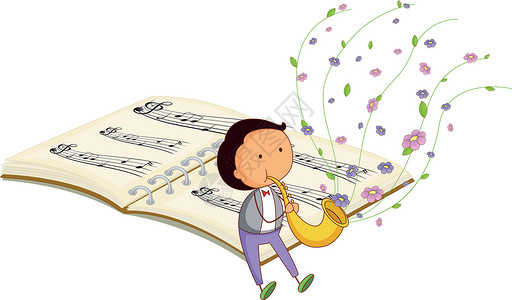 乐谱书一个男孩在后面吹喇叭 和一本音乐书插画
