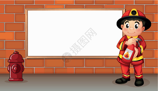仆人一个消防员 在空板前拿着灭火器的消防员设计图片