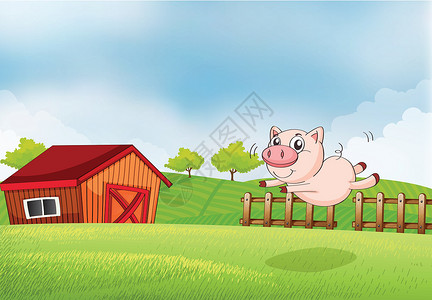 农场工人小屋一头在农场跳跃的猪设计图片