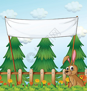 木指示牌一只兔子在空标语下的木栅栏附近插画