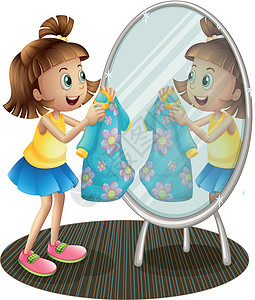 三道鳞有个女孩穿着衣服看着镜子 看着镜子设计图片
