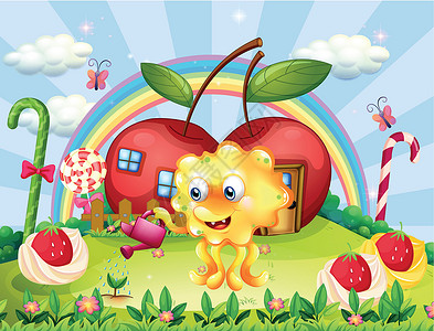 拿苹果小女孩山顶上的一个怪物给植物浇水设计图片