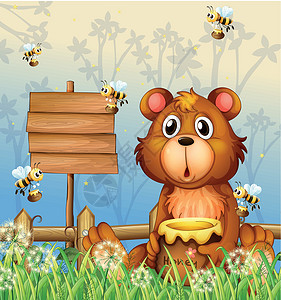 一只熊和蜜蜂 他们临近一个标志插画