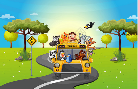 一辆载满动物的动物园大客车背景图片