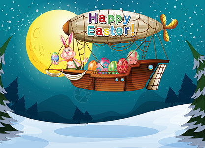 雪兔子复活节带兔子和鸡蛋的飞机设计图片