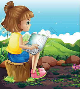 坐在树叶上的女孩一名女孩在使用笔记本电脑时坐在树桩上设计图片