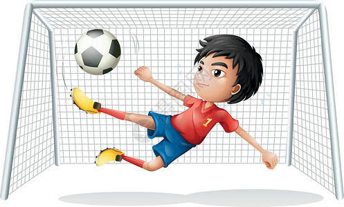 步法一个穿红色制服的男孩踢足球插画