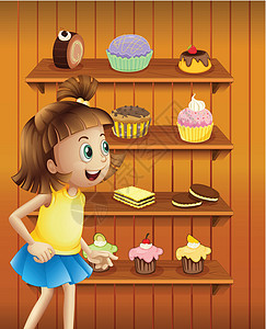摩卡蛋糕一个快乐的女孩 在蛋糕和饼干前 面的幸福女孩插画
