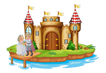 海清女王在城堡附近的木桥上 一位王子和一位公主绘画版税故事童话场景蓝色植物建筑女王房子插画