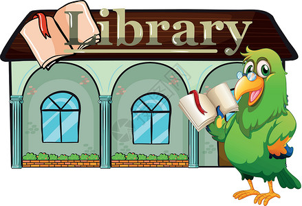 猫头鹰在图书馆外拿着一本书插画