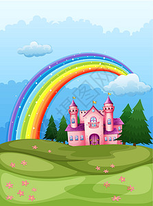 城堡地面山顶的城堡 天上有彩虹插画