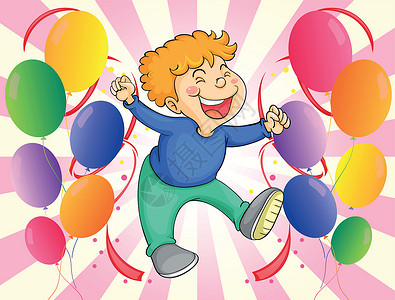 胖男孩表情包一个男孩在他身旁用气球跳跃设计图片