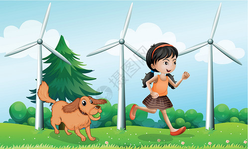 玩风车的女孩一个女孩在风车附近 和她的狗玩插画