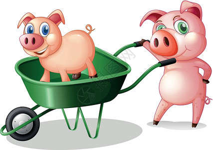 全部绿色素材两只猪和一辆绿色推车插画