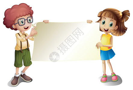 拿着铲子和水桶的男孩一个年轻女孩和一个男孩拿着一个空的招牌设计图片
