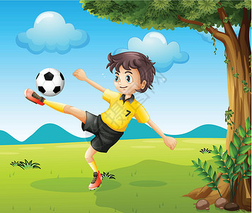 步法一个男孩在大树附近的山上踢足球插画