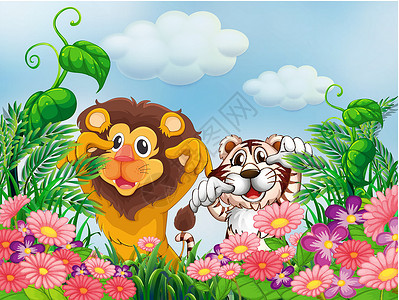 白天花园一个有狮子和老虎的花园插画