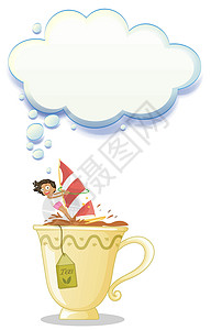 小孩喝冷饮一个女孩在茶杯上设计图片