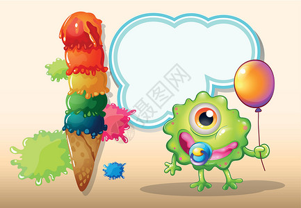 绿色冰淇淋一个绿色的年轻怪物 与气球站在巨冰附近设计图片