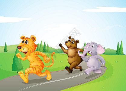川藏沿路一只老虎 一只熊和大象沿路奔跑设计图片