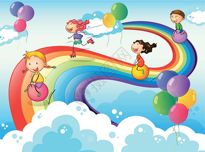 女孩过冬天一群孩子在天空中玩彩虹游戏设计图片