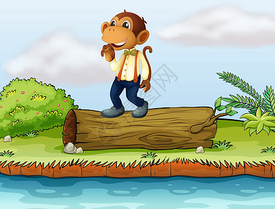 野生辣木籽一只猴子站在木头上植物风景石头岩石蓝色大猩猩蕨类人猿卡通片场景插画