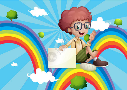 男生彩虹素材一个男孩在彩虹上 拿着空板设计图片