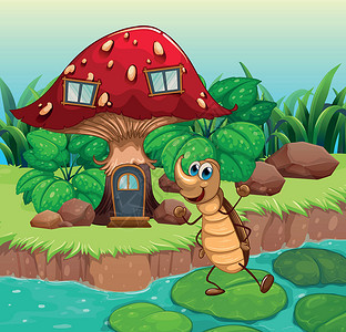 河长制素材一只蟑螂在蘑菇屋前跳舞插画
