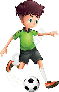 一个带着绿色衬衫的男孩踢足球背景图片