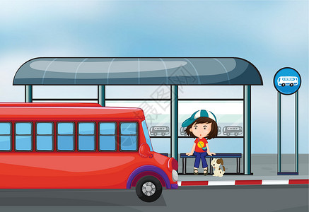 红色公交汽车一位女士带着宠物在等候室插画