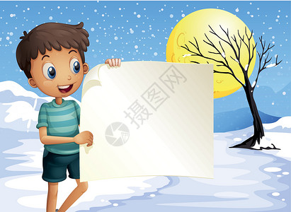铲雪的男孩一个男孩微笑着拿着空标牌的男孩设计图片