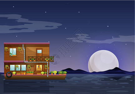 船库半夜漂浮在船上的船屋插画