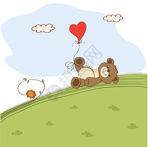 骑车放风筝熊在草地上带着心的泰迪熊设计图片