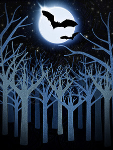 蓝森林和带蝙蝠的满月背景图片