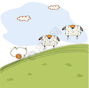 两只欢快的羊在草地上跳跃背景图片