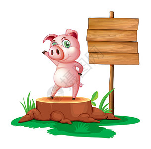 站在锦鲤上猪一只站在空木制招牌旁的猪设计图片