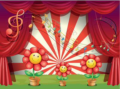 台上花朵多彩 有音乐音符背景图片