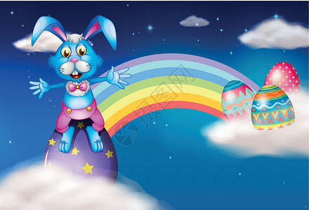 彩虹下兔子在彩虹附近 一只东方兔子和鸡蛋设计图片