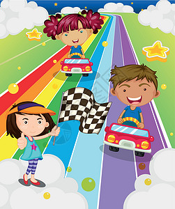 赛车车道三个孩子玩赛车插画