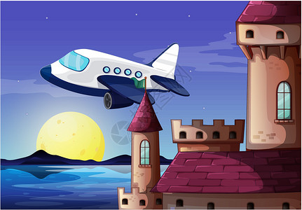 圆锥形城堡附近一架飞机窗户砖块太阳海洋飞艇阳光绘画天线反射球形插画