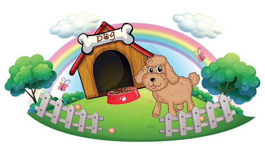 筒骨面一只小狗在有骨头的木制狗舍附近插画