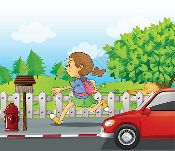推着车的女孩一个女孩跑在街上设计图片