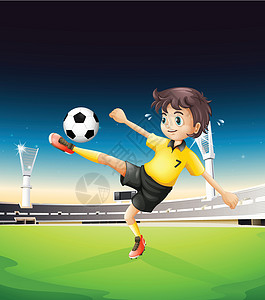 步法一名穿着黄色制服的男孩在足球场踢足球插画