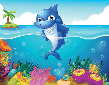 珊瑚化石深海中的鲨鱼微笑着插画