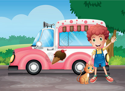 猫巴士一个男孩和他的猫在一辆粉红巴士附近插画
