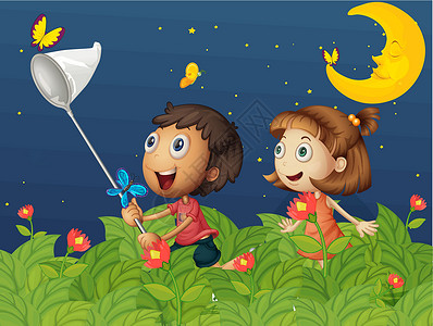 蝴蝶晚上在晚上孩子们在月亮下抓蝴蝶插画