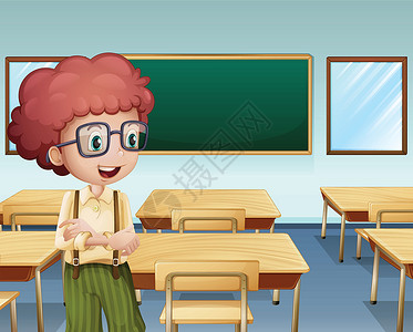 教室里的男孩子框架木头黑板招牌男人椅子卷曲教育指示牌卡通片背景图片