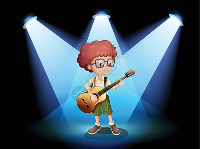 吉他培训中心一个年轻吉他手 站在舞台中心插画
